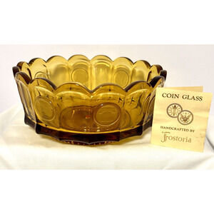 Vintage Fostoria Amber Coin Glass Scalloped Edge Round Candy Bowl MCM 7.5" EUC